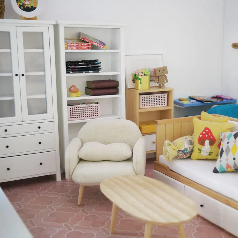 1PC 1:12 Dollhouse Miniature Wood/White Color Bookcase Rack Study Living Room Decoration Doll House Accessories Furniture Model 3