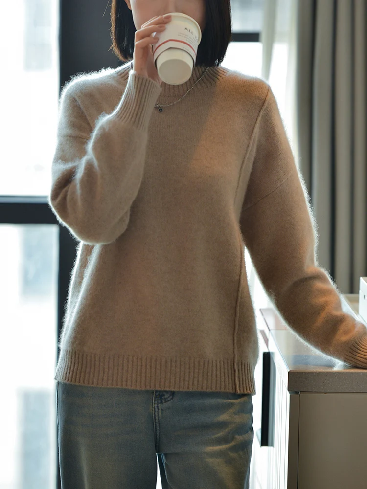 100% Pure Wool Sweater Women's 2024 Autumn/Winter Half High Collar Solid Color Pullover Fashion Light Luxury Cashmere Knit Tops 3