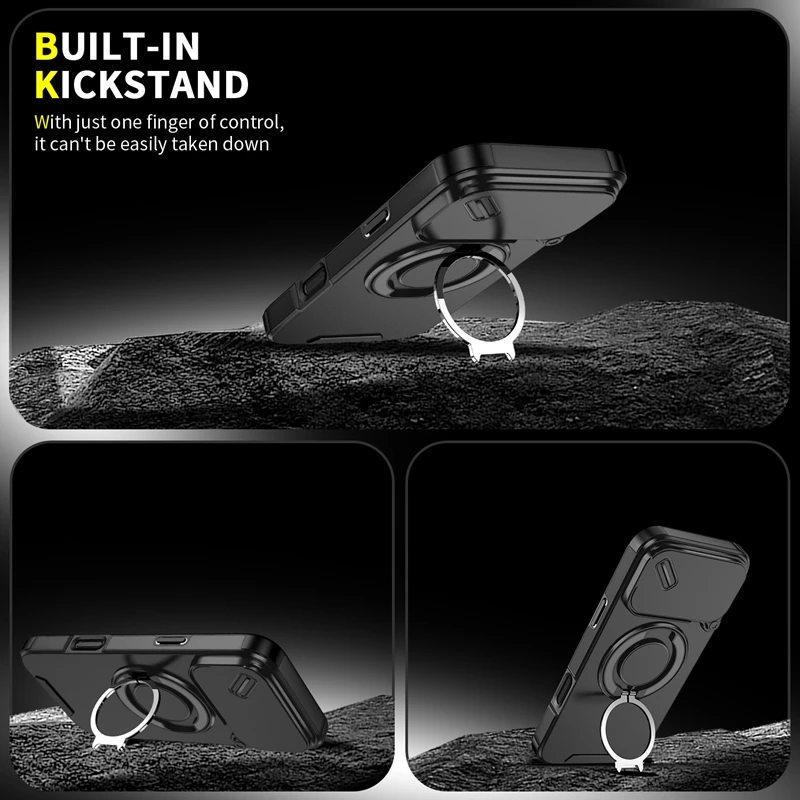 Enhanced Armor 360 Ring Stand Magnetic Shockproof Case with Lens Protection and Magsafe Compatibility