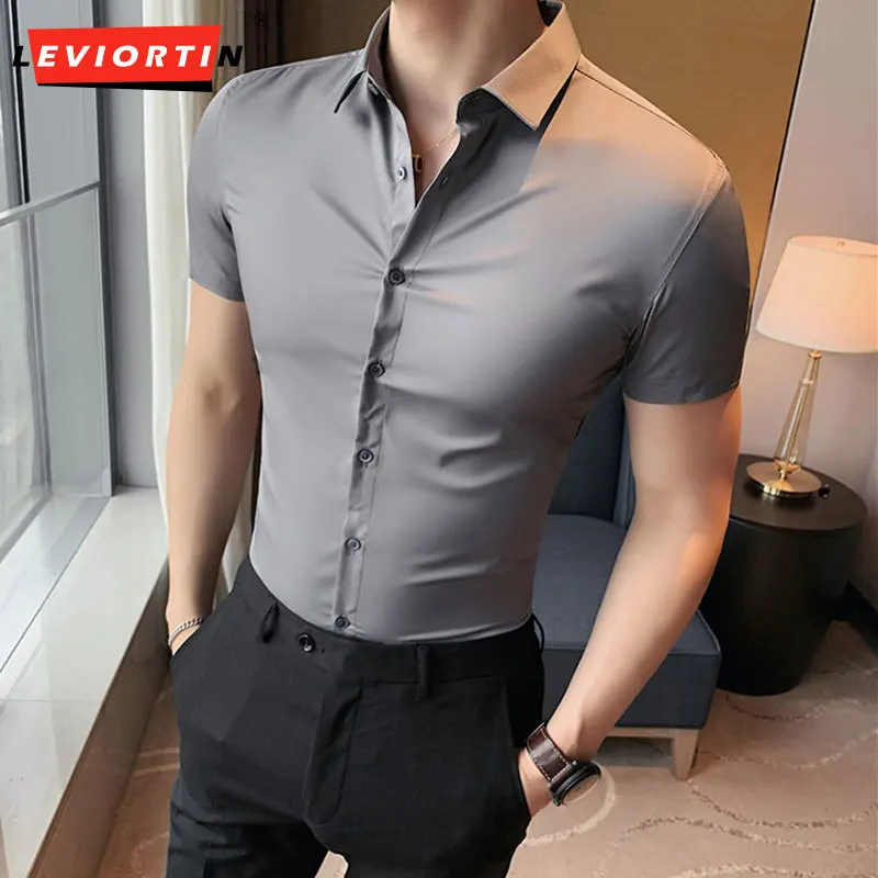 Mens Elastic Solid Color Fiber Dress Shirts Summer Thin Ice Silk Fabric