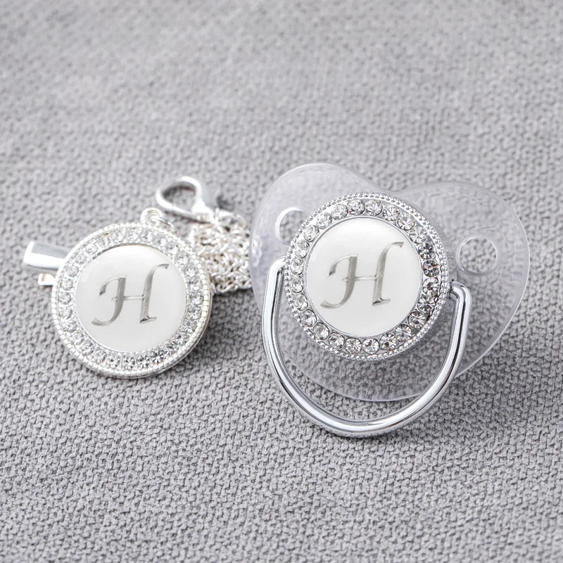 Baby Personalized Pacifier Clips Newborn Luxury Pacifiers Holder Letter Silver Bling Infant Transparent Silicone Nipple Bpa Free 3