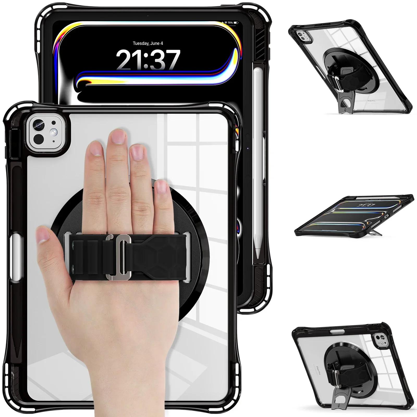 Rotating Hand Band Stand Tablet Case with Clear Cover
