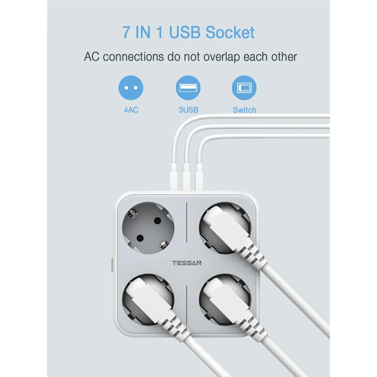 Power Socket TESSAN USB Wall Socket Extender with 4 AC Outlets +3 USB Ports 5V 2.4A Adapter 7-in-1 Plug Socket On/Off Switch for Home Office