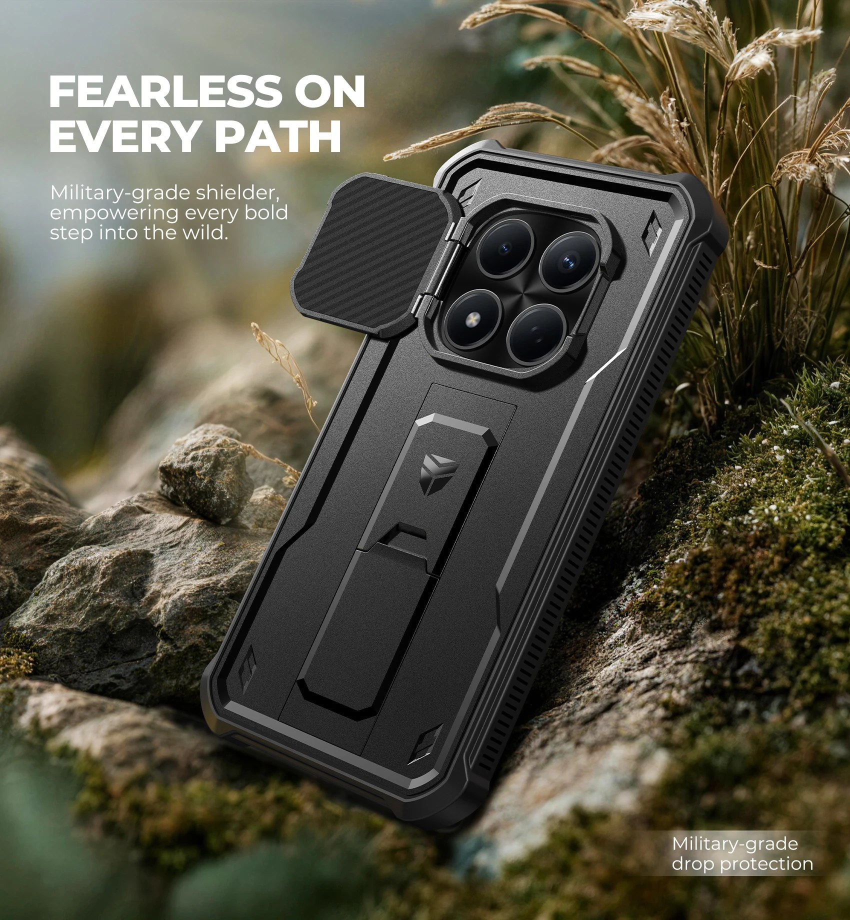 Shockproof Bumper Protective Case with Built-in Sliding Camera Cover, Screen Protector, and Kickstand