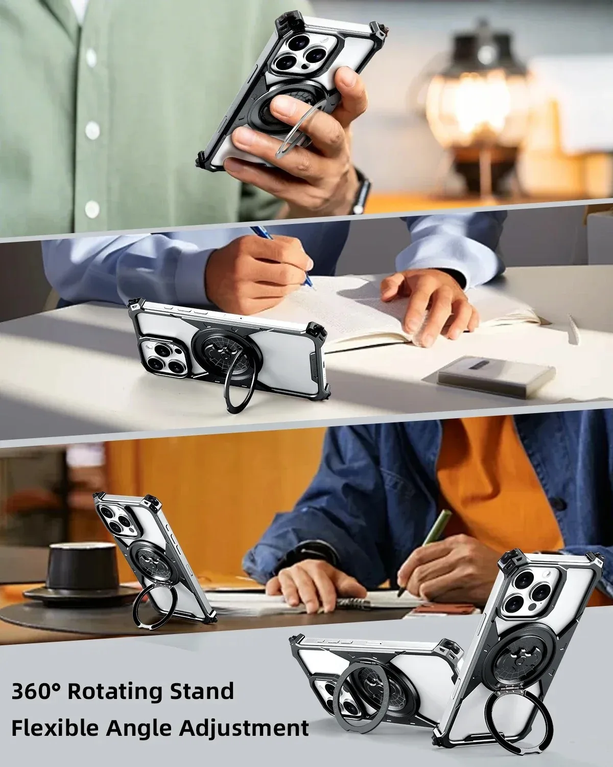 Eary for iPhone 16 Pro Max Bat Frameless Phone Case With Magnetic 360° Rotatable Kickstand Metal Shockproof Bumper Slim Covers