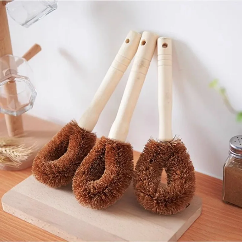 1 STÜCK Natürliche Kokosnussbraune Antihaft-Öl-Topfbürste aus Holz mit langem Griff, Reinigungsbürste zum Aufhängen, Küchenzubehör_voghion.com