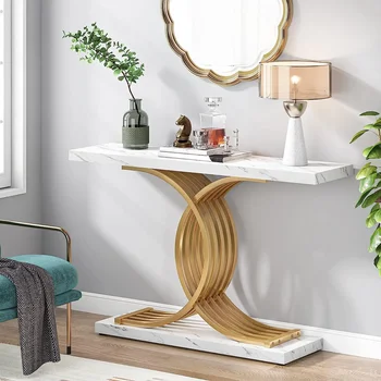 Tribesigns Gold Entryway Table, Modern 39-Inch Console Faux Marble Narrow Wood Sofa with Geometric Metal Legs 3