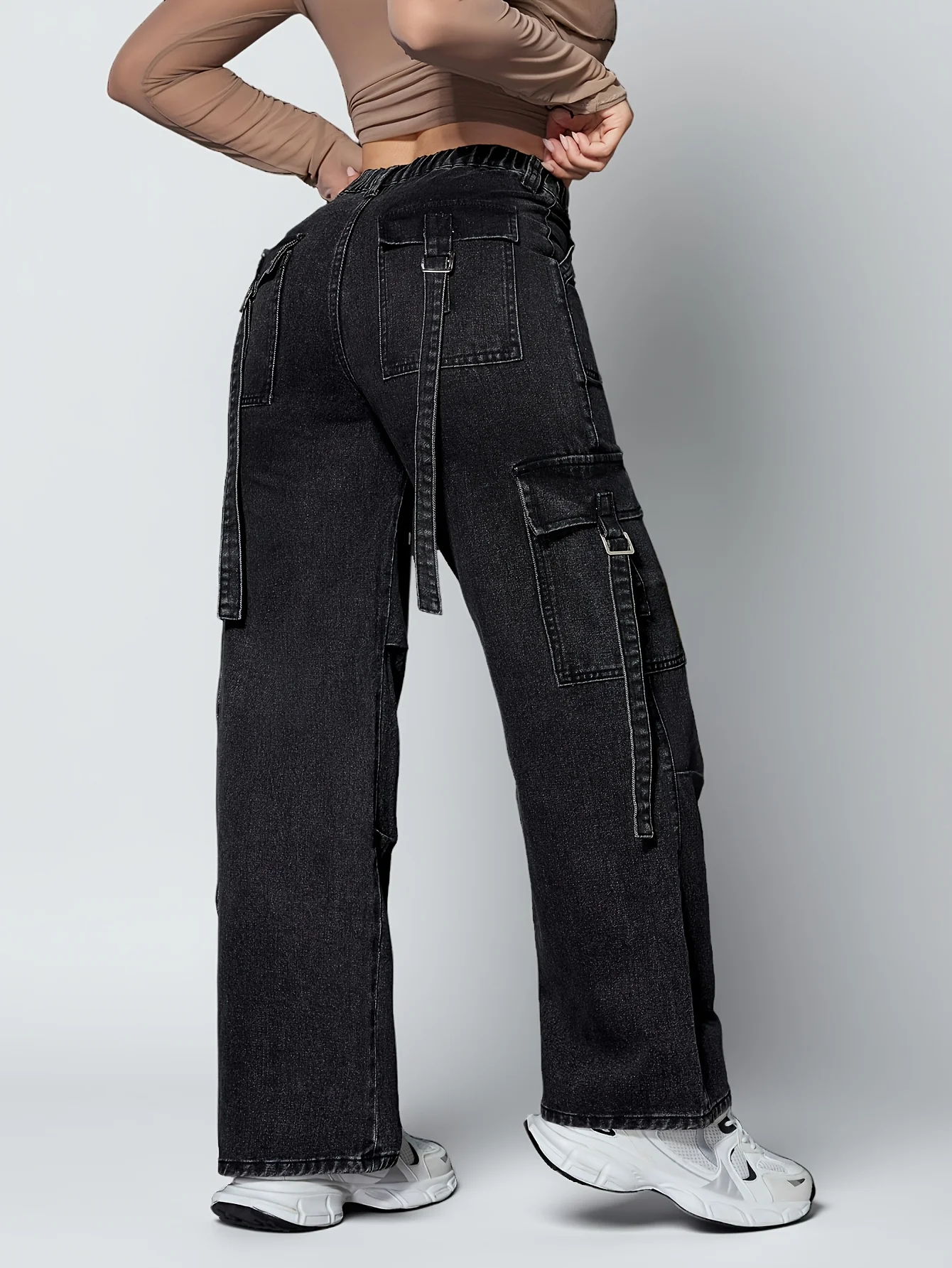 Jean de travail pour femmes avec poches à rabat, taille élastique, poches multiples, jean de travail multifonctionnel taille moyenne à jambes larges
