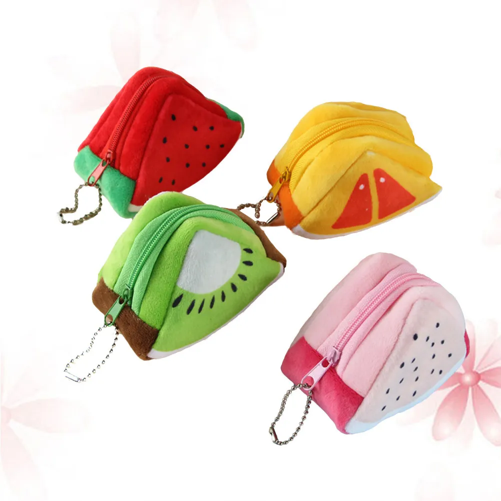 4Pcs 사랑스러운 과일 디자인 미니 동전 지갑 여성 소프트 터치 작은 지퍼가 달린 지갑 현금 카드 정리 USB 케이블 립스틱 키