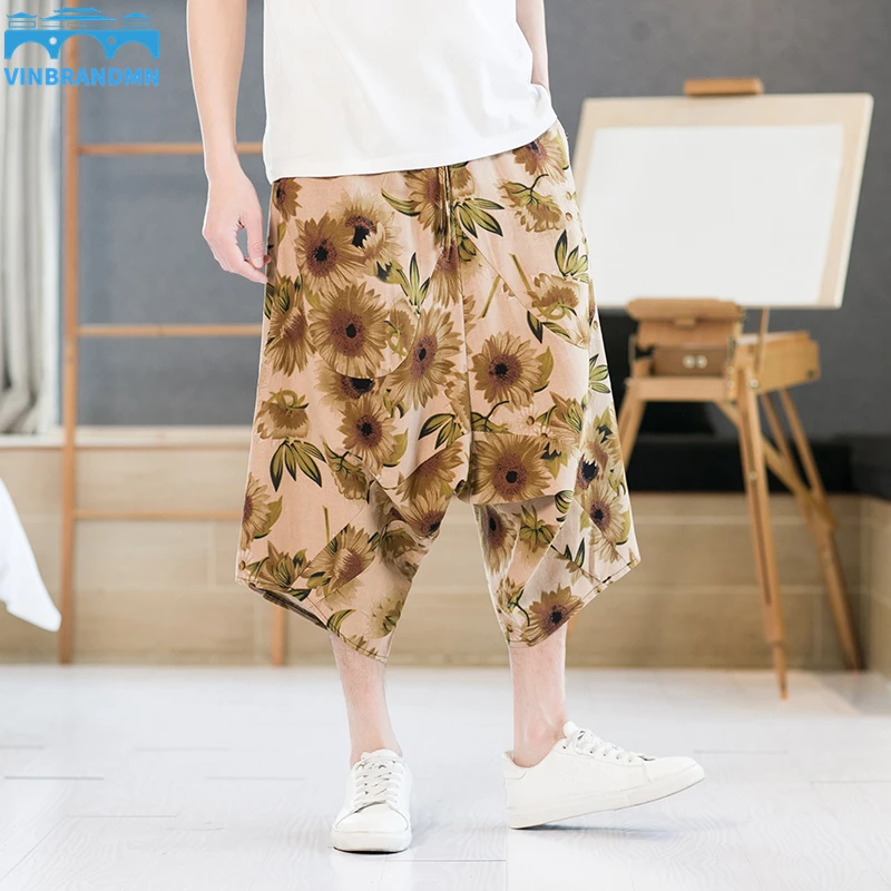 

Casual Print Outdoor Party Pants Harem Men Cropped Trousers Summer Trousers Waist Rope Linen Casual Print Outdoor Party Pants