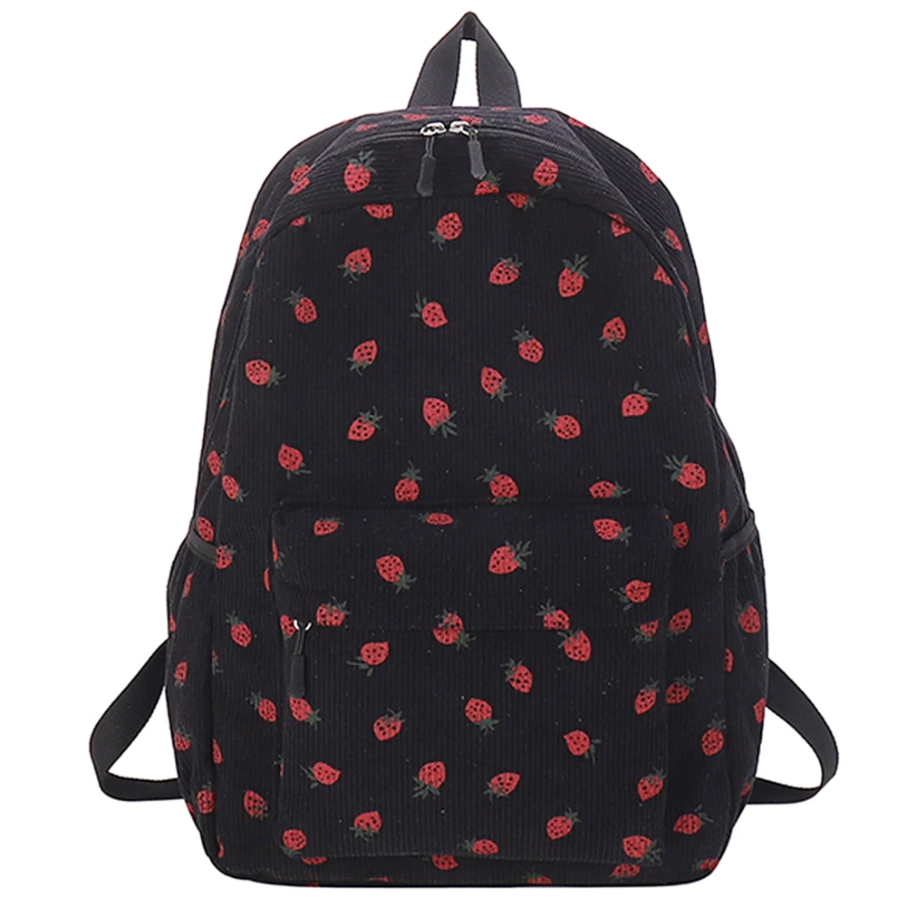 Corduroy Strawberry Backpack Casual Travel Large Capacity Adjustable Strap Womens Backpack for Women Girls