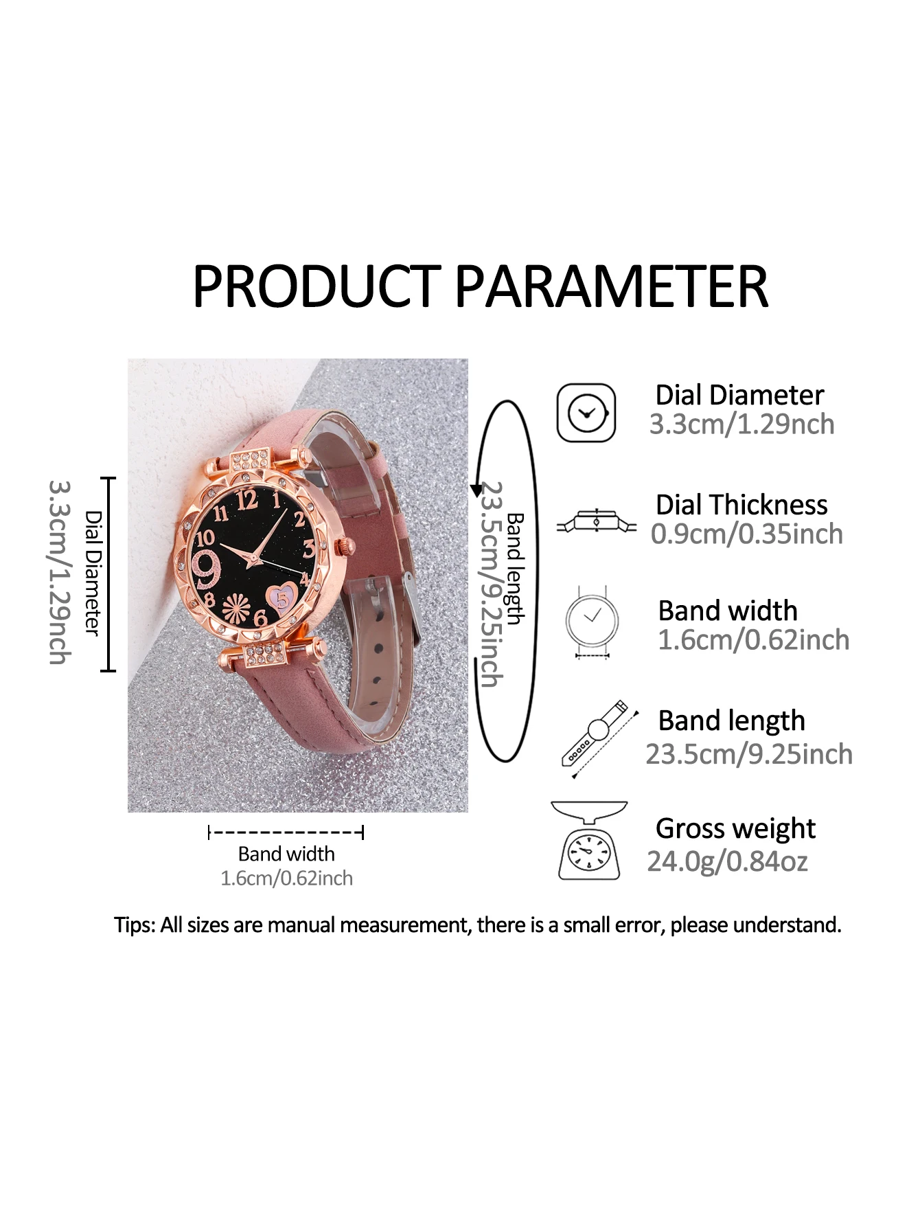 6PCS Women's Fashion Quartz Watch Luxury Pink Leather Band Analog WristWatch Ladies Watch Women Dress Bracelet Set Clock