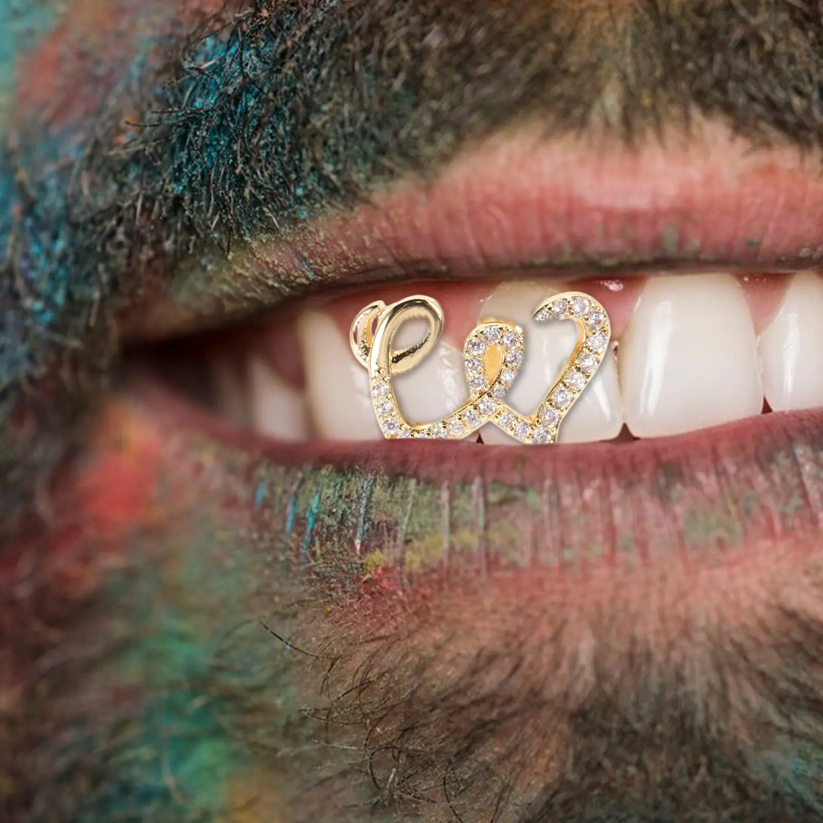 2개 세트 더블 하트 구리 입술 그릴 치아 장식 키트, 반짝이는 큐빅 지르코니아 힙합 패션 치아 캡 (파티용)