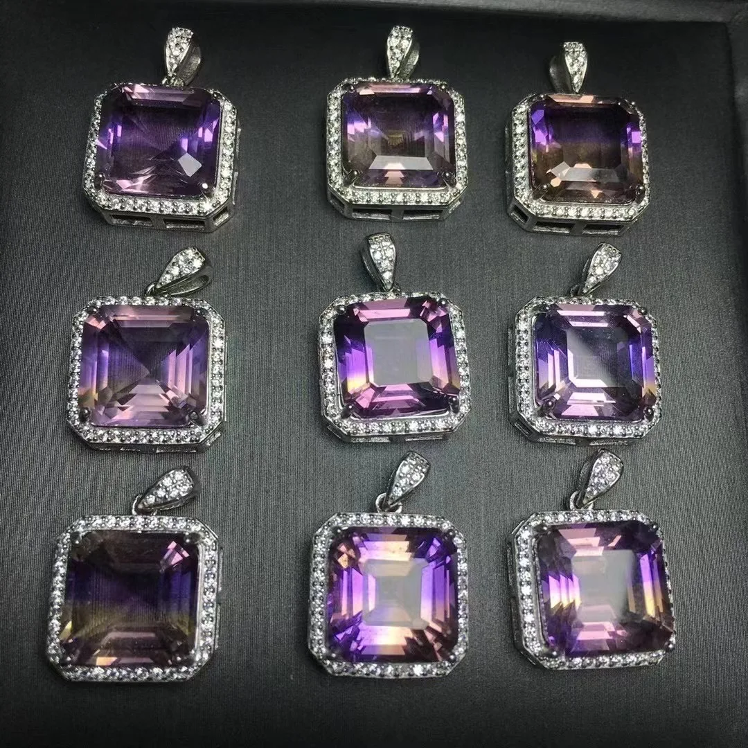 

1 Pc Fengbaowu Natural Amethyst Citrine Ametrine Pendant Square 925 Sterling Silver Crystal Healing Stone Fashion Jewelry Gift
