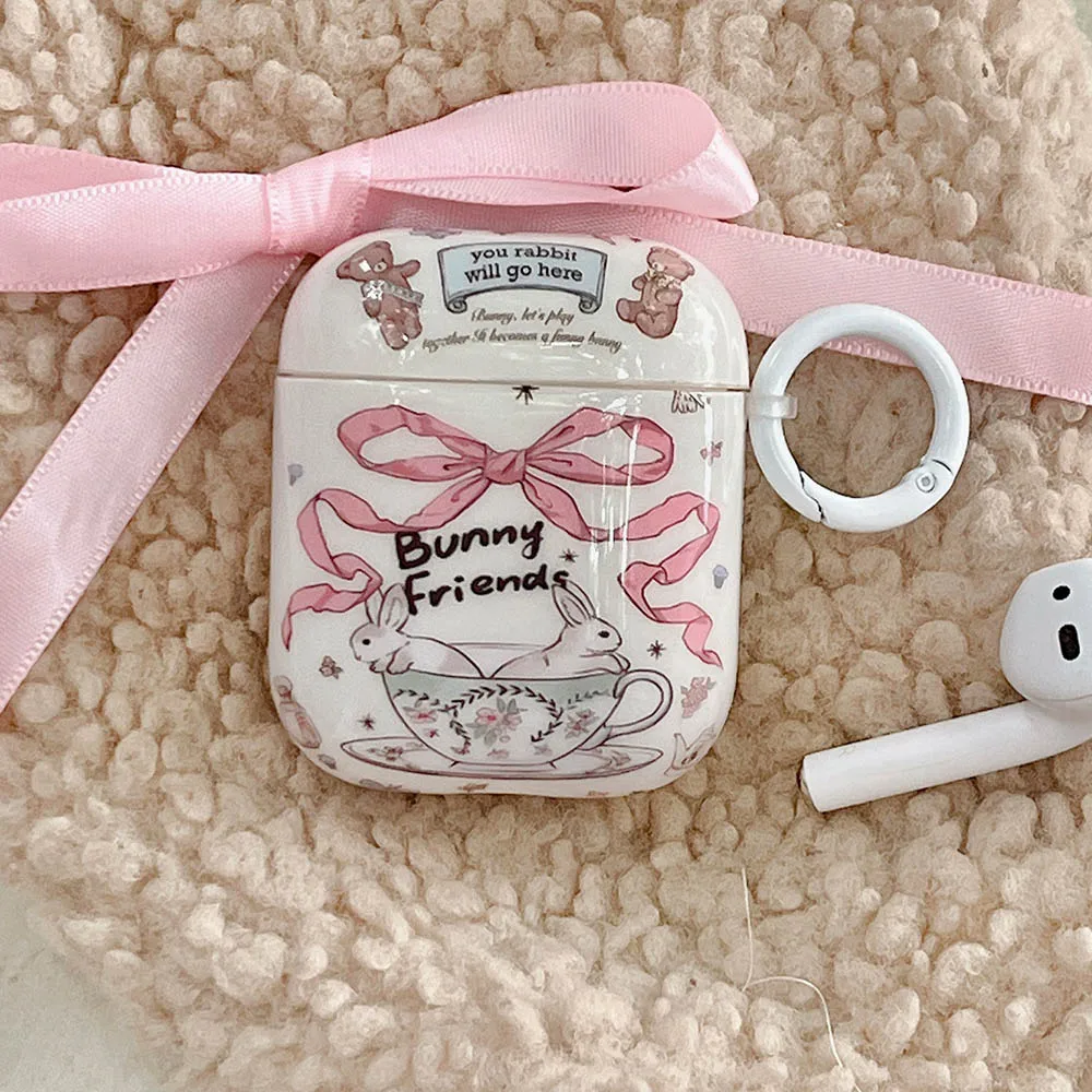 Korean Cute Pink Ribbon Bowknot Rabbit Earphone Case For Apple AirPods Pro 1 2 3 Funda Bunny Friends Cartoon Bear Glossy Cases
