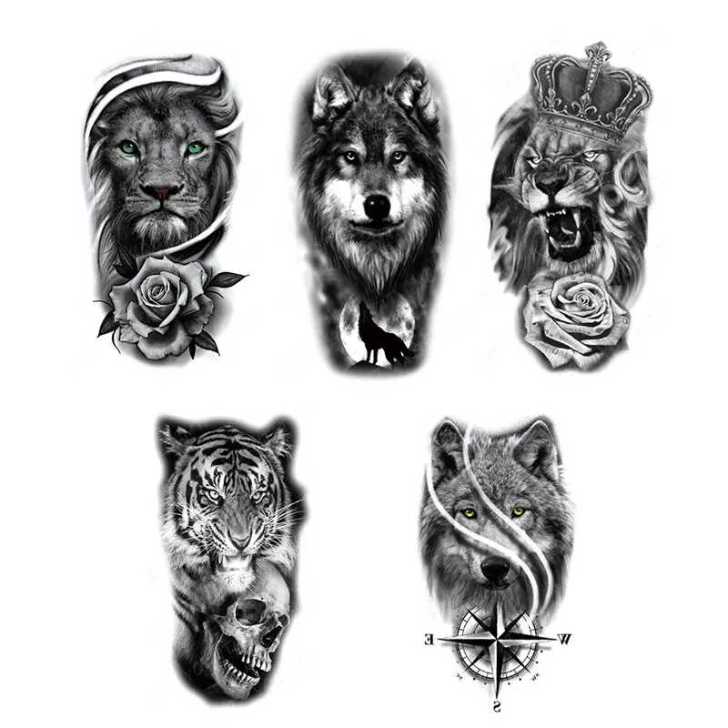 5PCS Wolf Lion Waterproof Temporary Tattoo Sticker Tiger Rose Flower Dragon Snake Skull Animal Body Art Arm Fake Tatoo Men Women 5