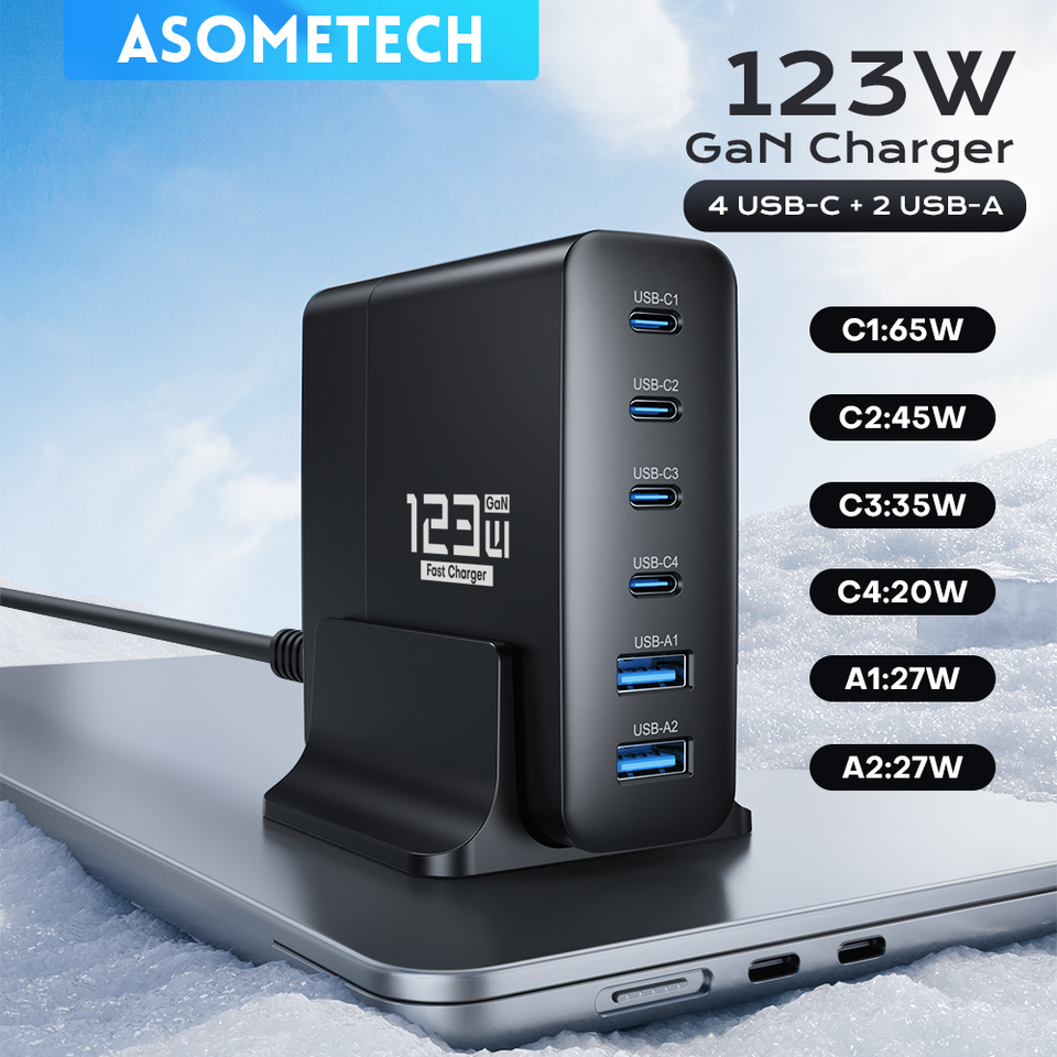 123W 6 Port GaN Charger PD Fast Charger for PD3.0 USB C 65W USB A 27W Universal for iPhone Samsung Phones Tablets