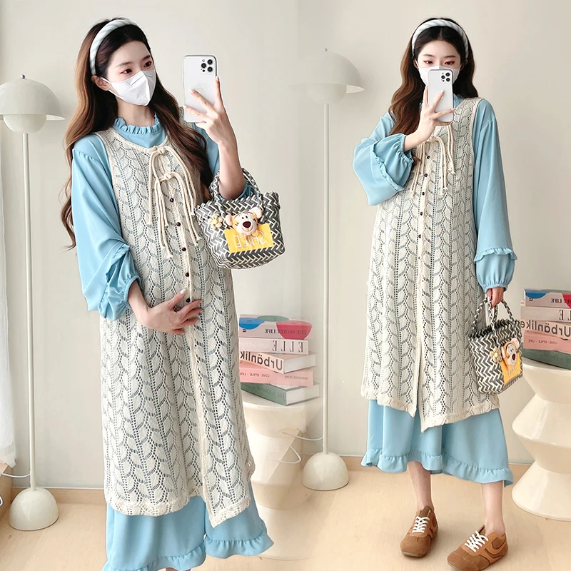 Maternity Clothes Korean Suit Autumn Fungus Edge Blue Dress Stacked with Knitted Vest Two Pieces Set