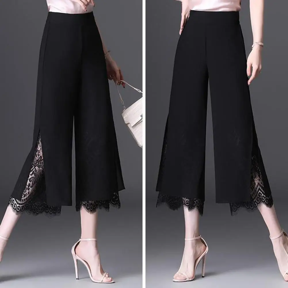 

Elastic Waist Pants High Waist Lace Patchwork Cropped Pants Chic Mid-calf Length Trousers for Women Ol Commute Style Ladies