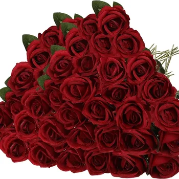 50 Pcs Velvet Rose Artificial Rose Flowers Real Touch Fake Roses Florals for Valentine's DIY Wedding Bouquet Party Home Decor 1
