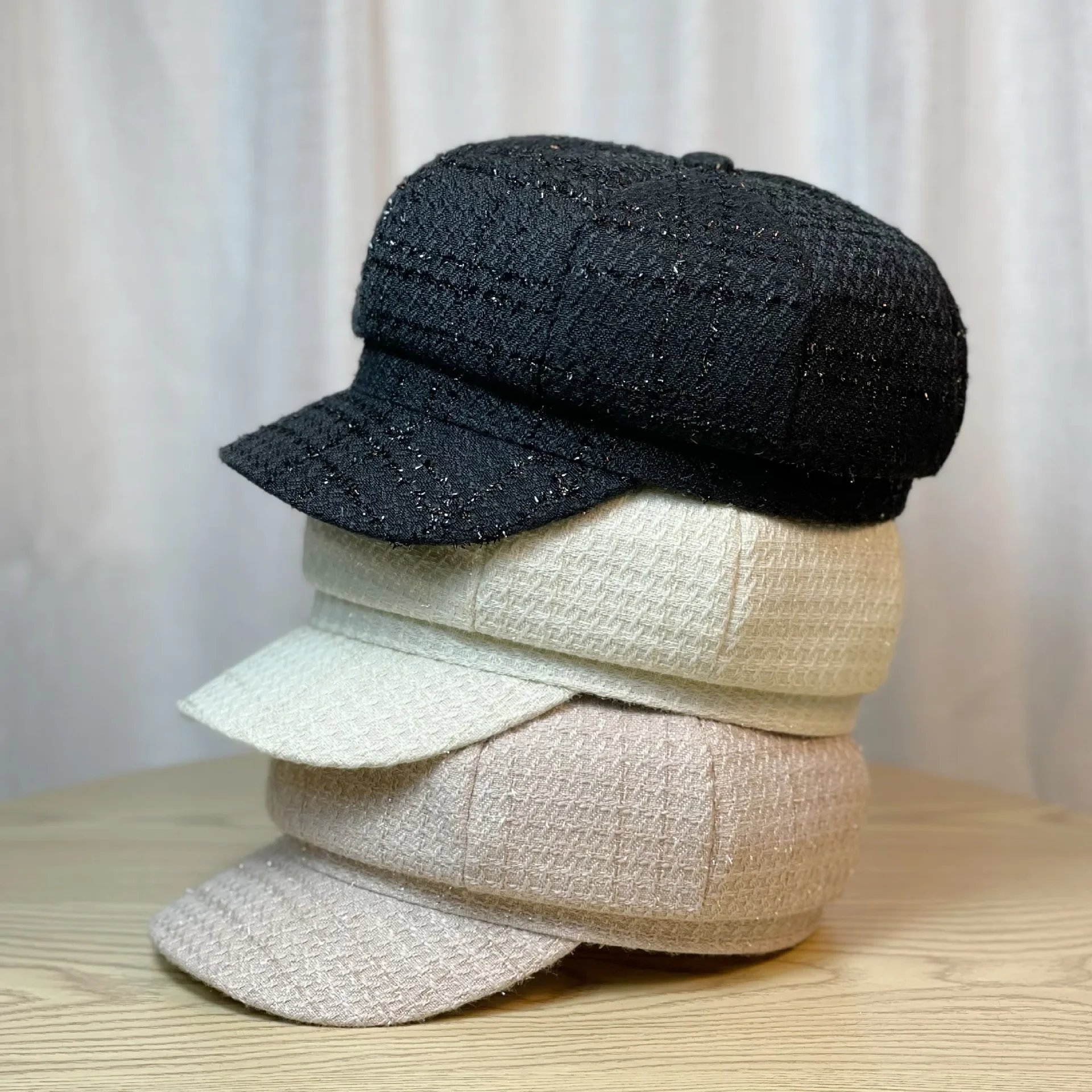 New Japanese solid color thousand-bird check octagon hat woman British retro fashion beret casual all-match newsboy hat