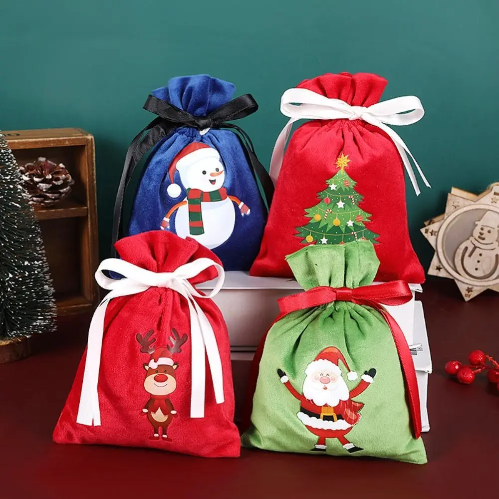 

Merry Christmas Candy Storage Bags Flocking Fabric Santa Claus Velvet Pouch Drawstring Gift Packing Bags Party Xmas Decoration