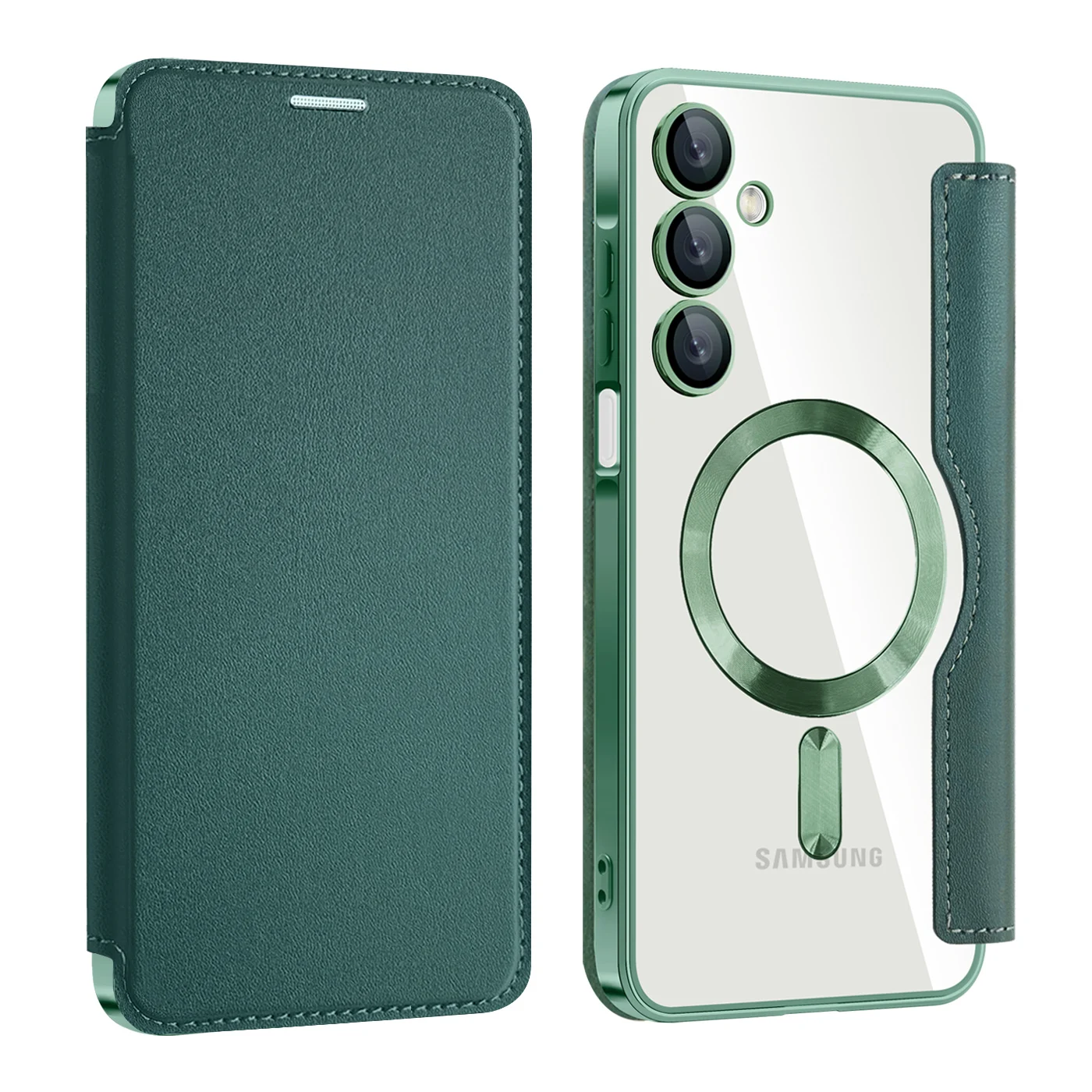 Premium Flip Magnetic Leather Case with Wireless Charging & Transparent Card Slot
