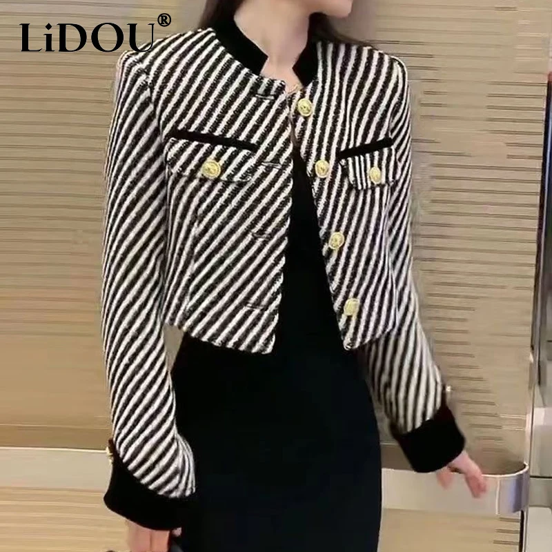 Женская куртка в полоску, Элегантная универсальная куртка во французском стиле с длинным рукавом, круглым вырезом и пуговицами в стиле пэчворк, весна-осень 2023