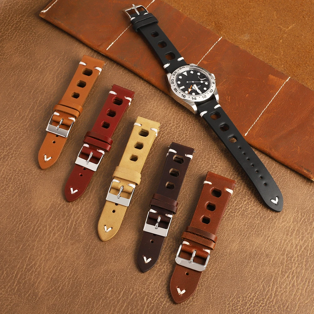 Vintage Genuine Leather Racing Watch Band with Quick Release and Breathable Design, Handmade Stitching