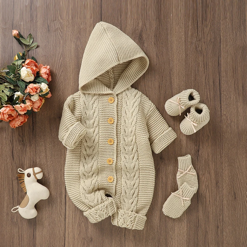 

Baby Romper Set Knit Newborn Girl Boy Jumpsuit Long Sleeve +Gloves +Shoes Infant Clothes Mittens Boots Fashion Hooded 0-18M 3PC