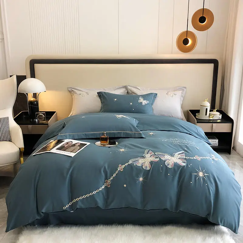 

New Luxury 40S Butterfly Embroidery Long-Staple Cotton Bedding set duvet set flat pillowcase Queen King size fitted Double