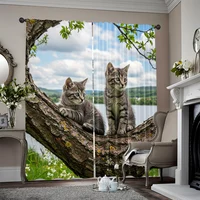 2pcs, spring summer Curtains There are cute kittens on the branches Semi-Sheer Curtains Durable 100% Polyester Fabric Room Decor 1