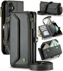 RFID Secure Crossbody Zipper Wallet Bag with Card Holder - SAMSUNG A37 5G (Black)