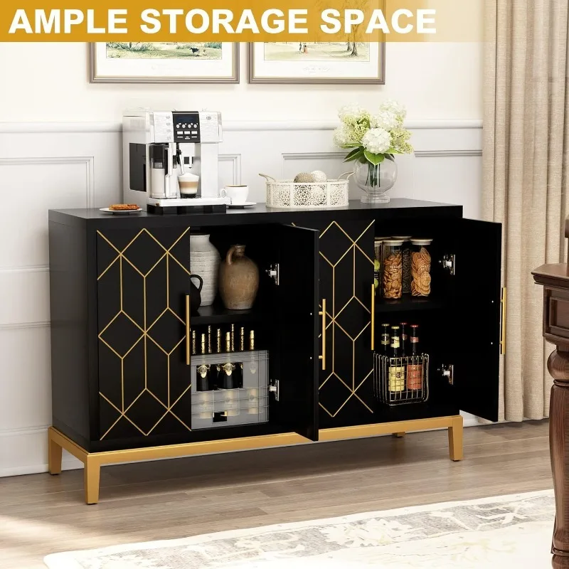 

Accent Cabinet with 4 Doors and Shelves, Sideboard Buffet Cabinet with Gold Lines Modern Credenza Storage Decorative Cabinet
