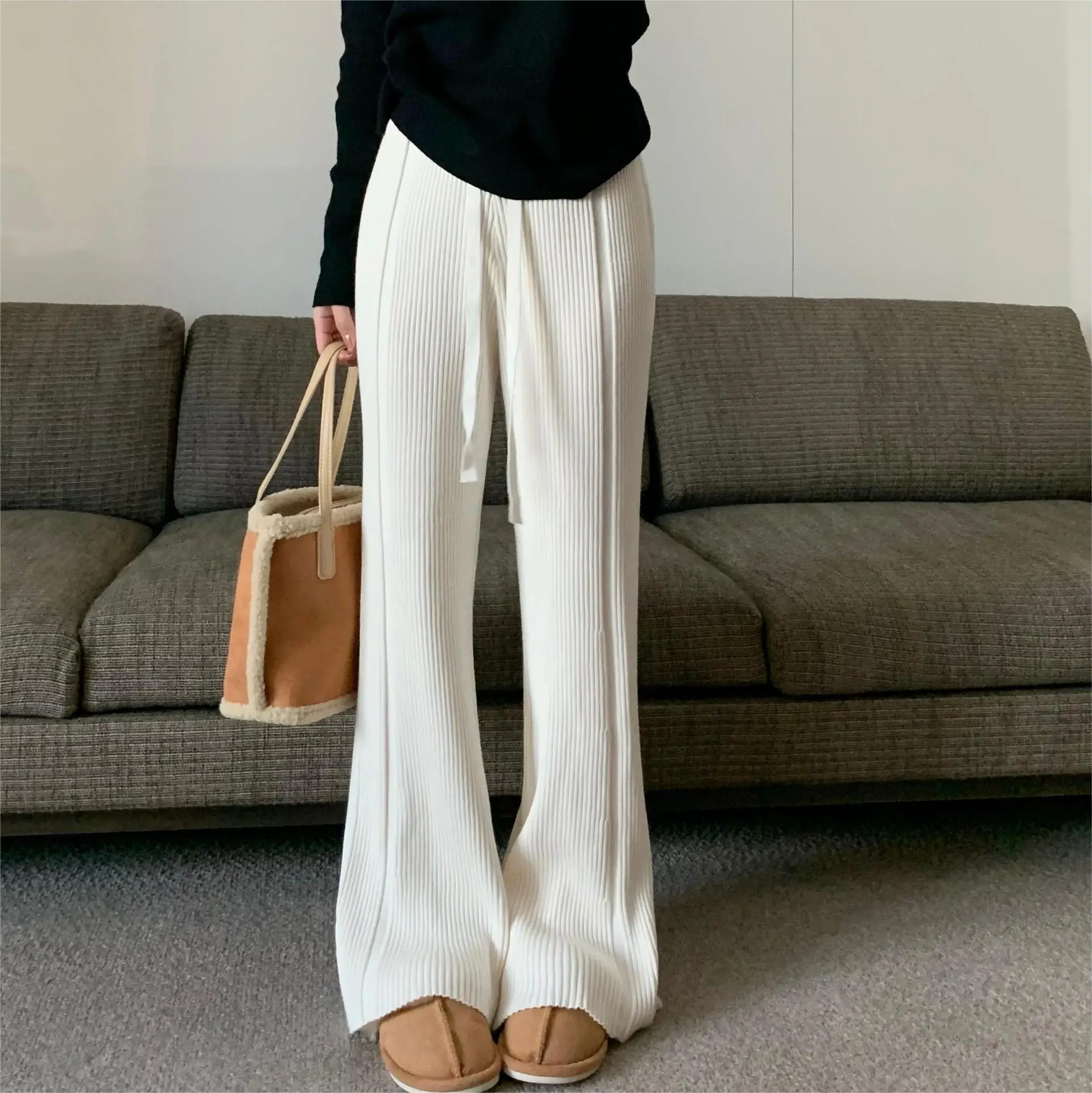 High Waist Lean Pit Knitted Pants Women 2024 Autumn/Winter New Straight Leg Casual Wide Leg Lazy Slough Streetwear Y2k Trousers фитнес печенье vplab lean cookie high fiber клубника 40 г