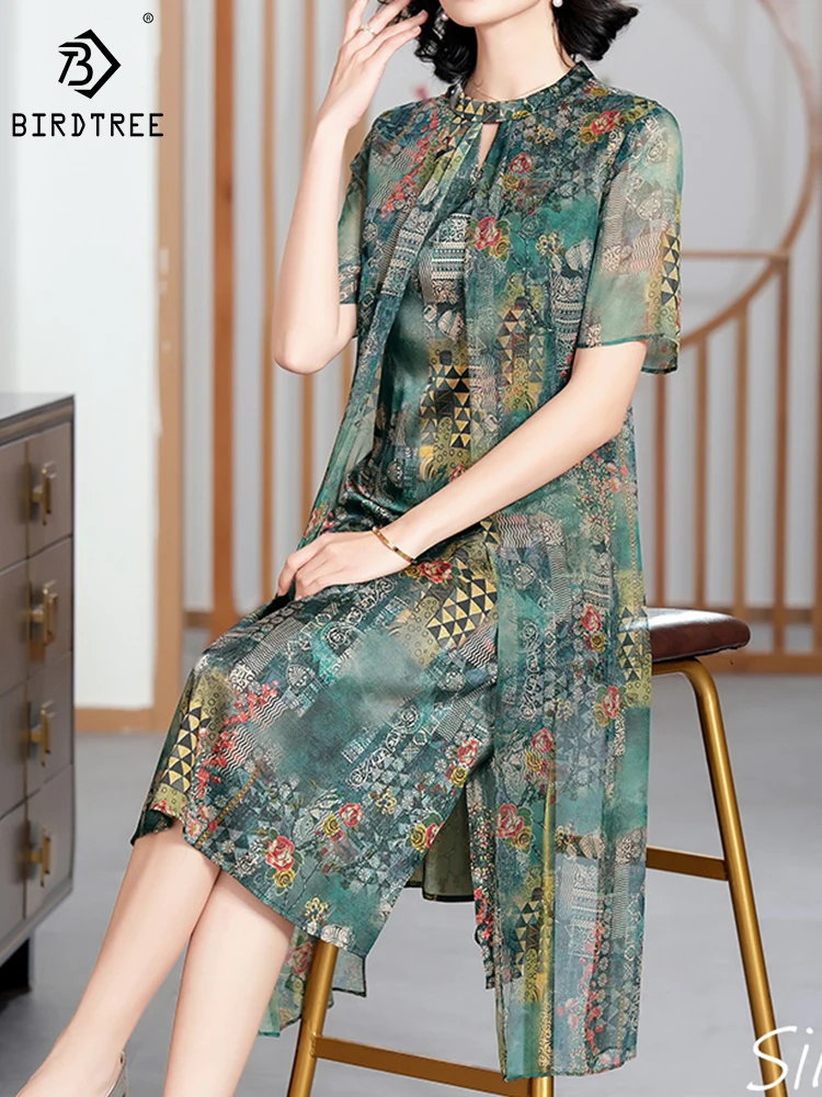 

BirdTree 85.2%Real Silk Dresses Women,Stand Neck Short Sleeves Floral Print,Slim Elegant A-line Dress,2024 Spring New D42245QD