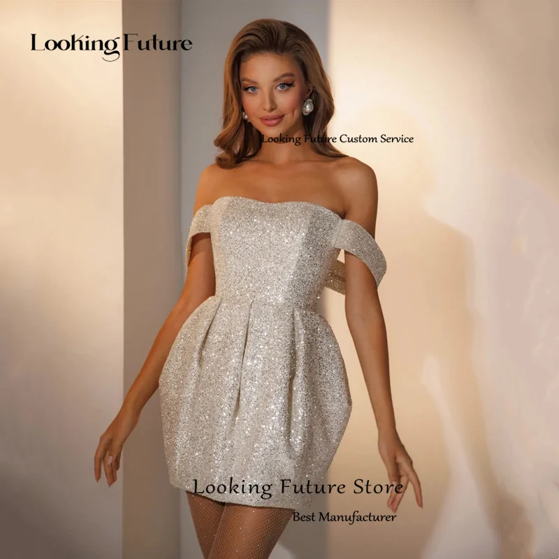 Luxury Shiny Sequined Mini Wedding Dress Simple Off Shoulder Strapless Bridal Sexy Backless Sleeveless Above Knee Customized 15 Sadfc0de8b4c44478a36791734871280eR