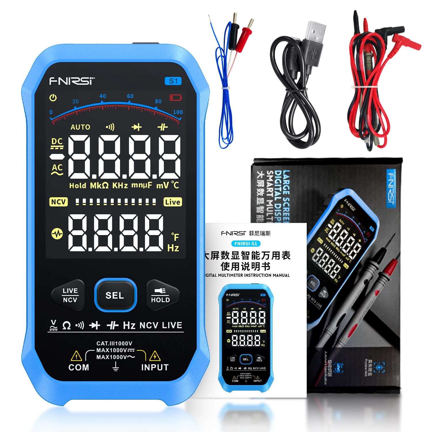 FNIRSI S1 Multimeter Digital 9999counts AC DC Voltage Resistance Capacitance Diode NCV Hertz Live Wire Tester multimetro