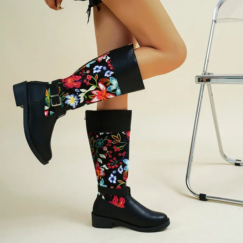 2023 New Women Embroidery Flowers Knee High Boots Women Ethnic Retro Chunky Heel Large Size Knight Boots