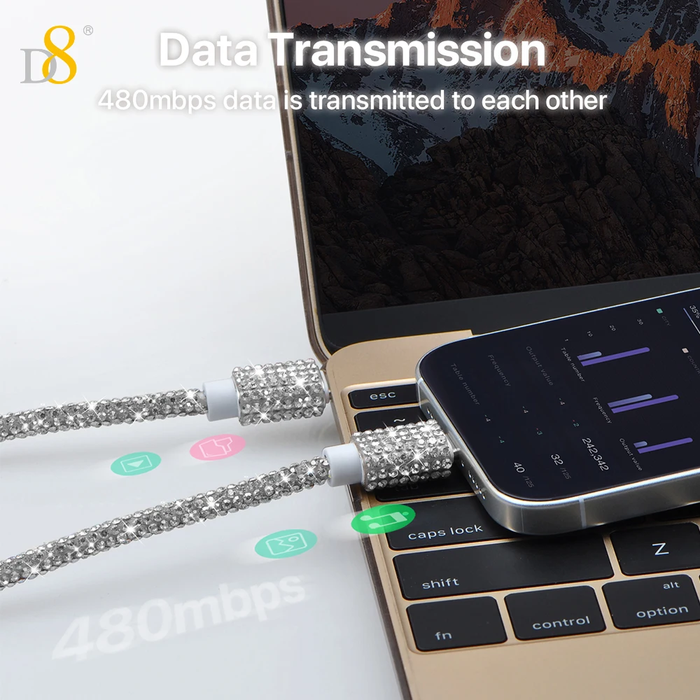 D8 60W USB C to USB C 케이블 고속 충전, 크리스탈 장식, 다이아몬드 샤인, 아이폰 15 프로 플러스 프로 맥스, 맥부용
