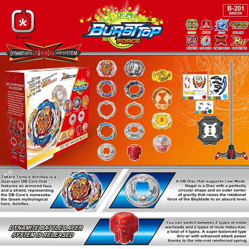 Dynamite Battle Bey Set B-201 Zest Achilles Customize Set Booster B201 Spinning Top with Custom Launcher Kids Toys for Boys Gift