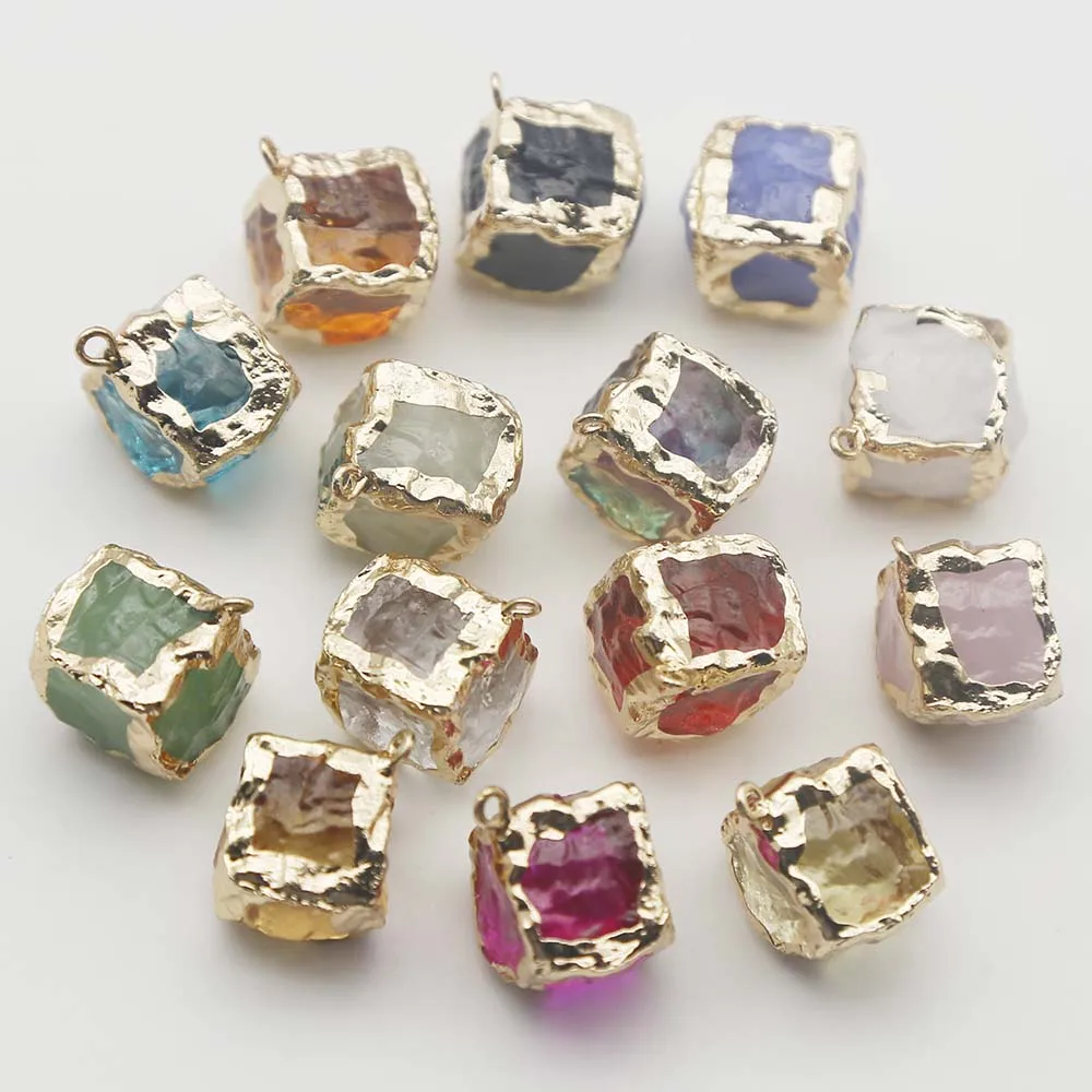 New Cross Border Multi Color Gold Cube Edge Pendant Crystal Glass Gold Edge Diy Jewelry Keychain Accessories 10Pcs Free Shipping