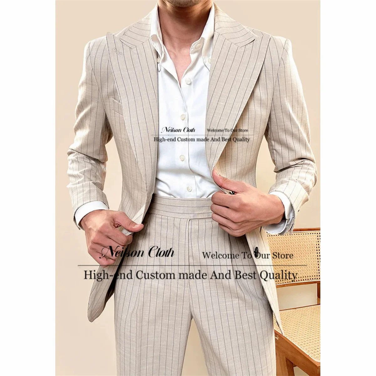 

Business Stripe Male Prom Blazers 2 Pieces Sets Peaked Lapel Groom Wedding Tuxedos For Men Slim Fit Groomsmen Costume Homme