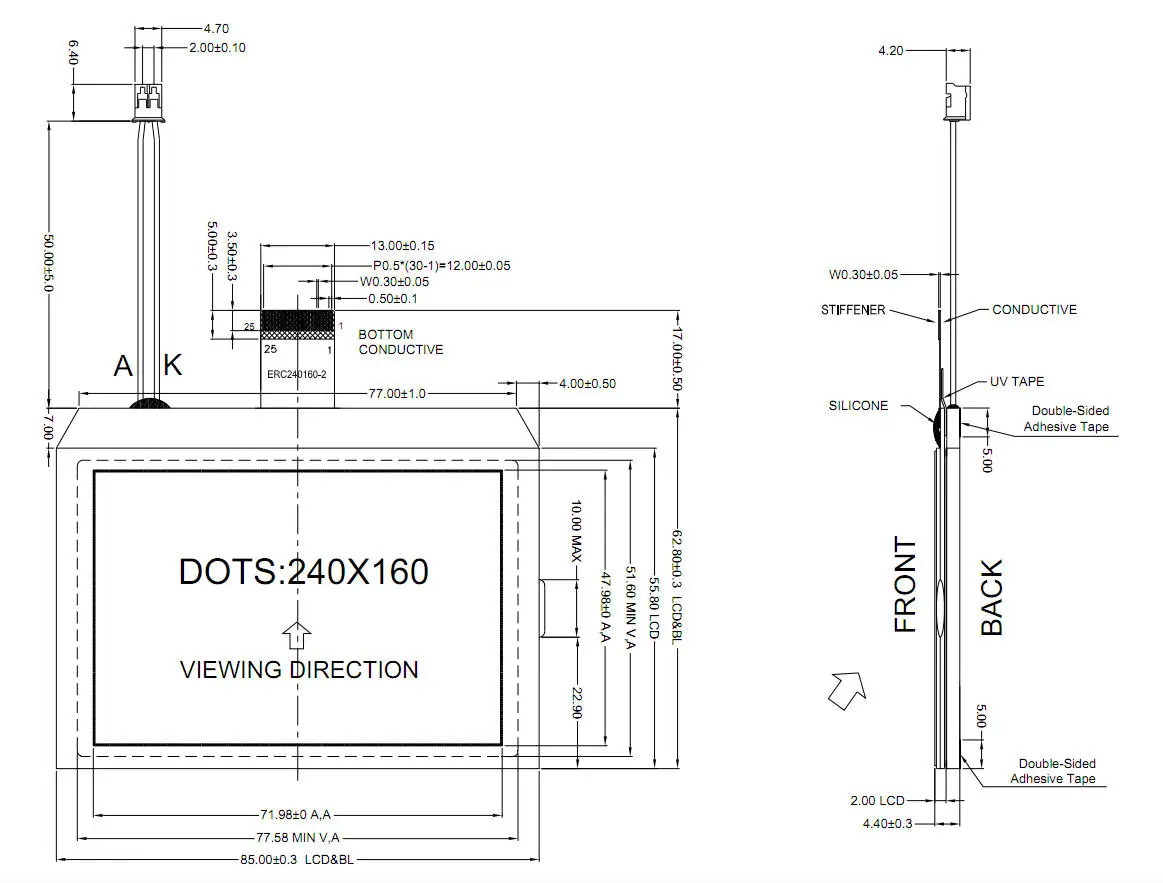 3.4"Graphic Touch Screen LCD COG Display 240x160 ,Single Sided FPC, With Free FPC Connector