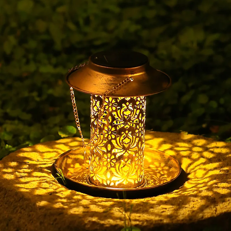 

Lights Garden Solar Led Light Outdoor Iron Bird Feeder Lotus Lantern Courtyard Terrace Decoration Pendent Decor Night Lamp