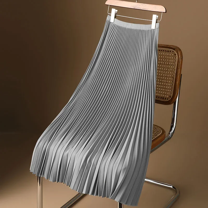 thumbnail image 1 of Falda plisada elegante de cintura alta y longitud media para mujer, versátil, de corte A, para verano y otoño, recién llegada, 2024, elegante tela de seda, 1 of 5