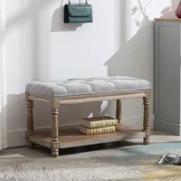 Farmhouse Tufted Storage Ottoman Bench with Shelf, 31.5" Width Linen Upholstered Entryway Shoe Ottoman Foot Stool 1