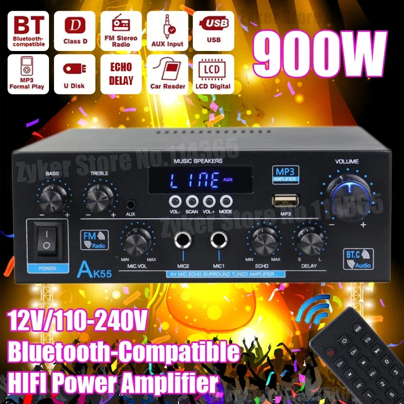 Bluetooth Digital Amplifier with HiFi Stereo Sound and FM/USB/Remote Control