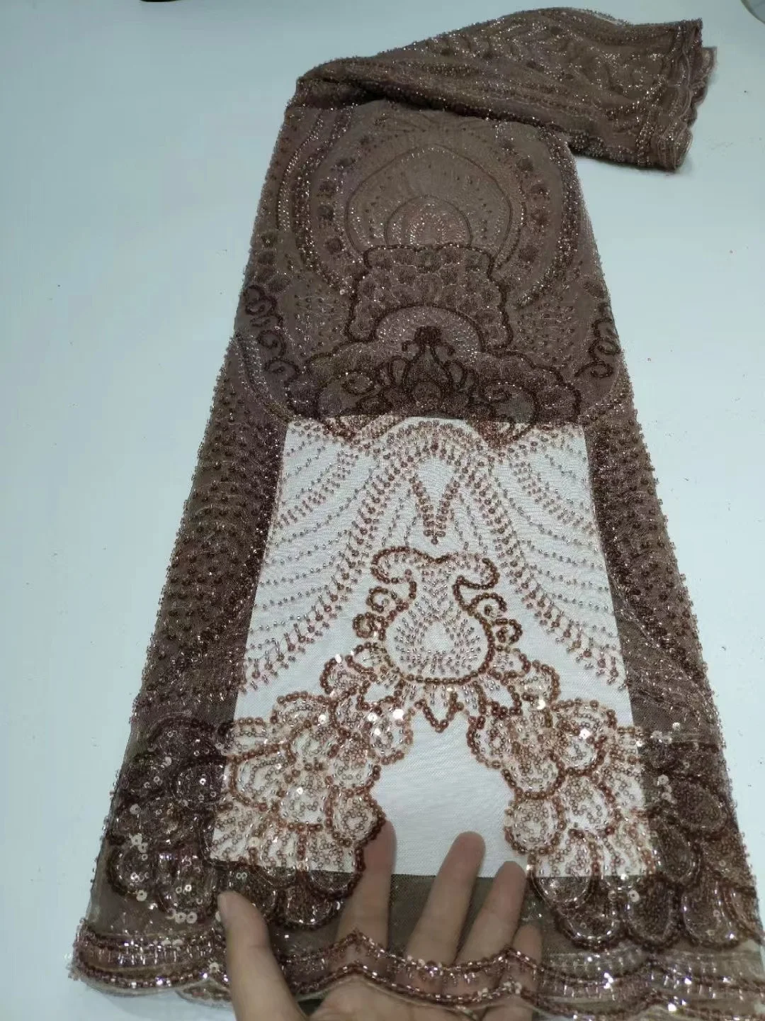 

2023 High-End Sequins Embroidery French Mesh Lace Fabric Latest African Handmade Beads Tulle Lace Fabrics for Party