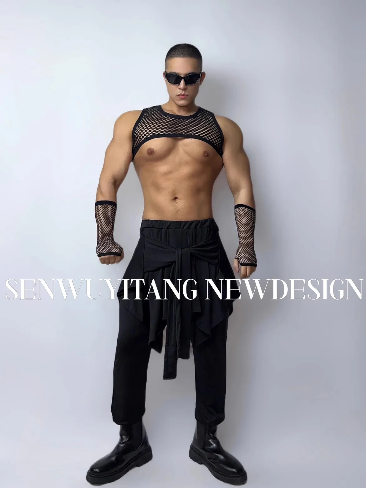

Black Mesh Perspective Tank+Cuff+Sweatpants 3pcs Bar Party Gogo Show DJ Hip Hop Lead Dance Male Singer Stage Personality Outfit